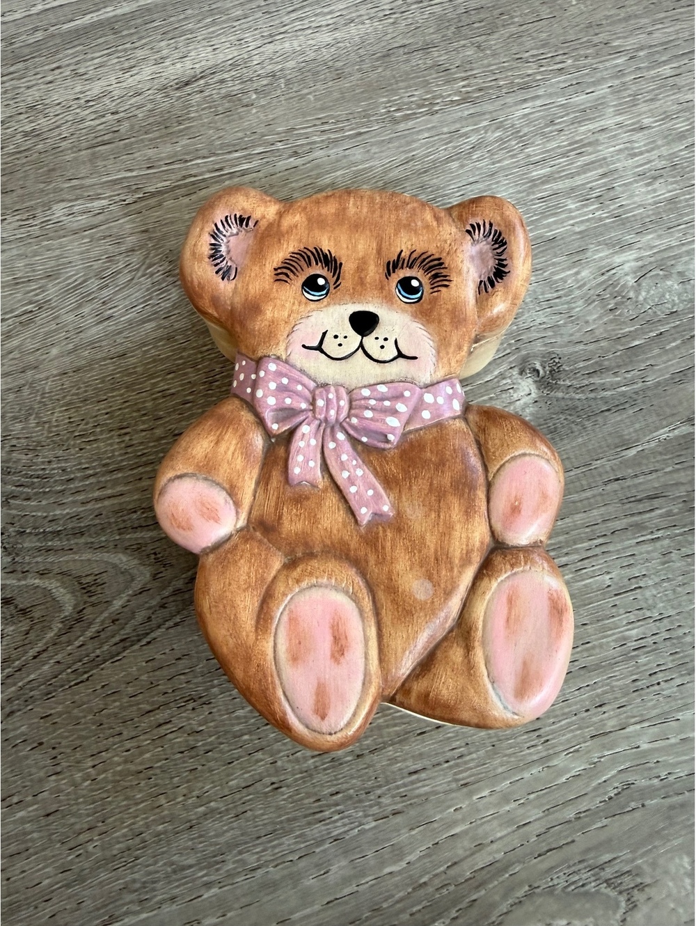 Vintage 1980s Ceramic Teddy Bear Figurine with Polka Dot Bow